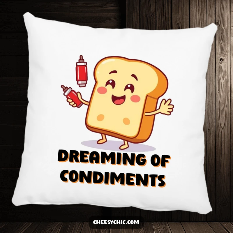 Funny pillow with a happy anthropomorphic bread slice enthusiastically juggling ketchup bottles.