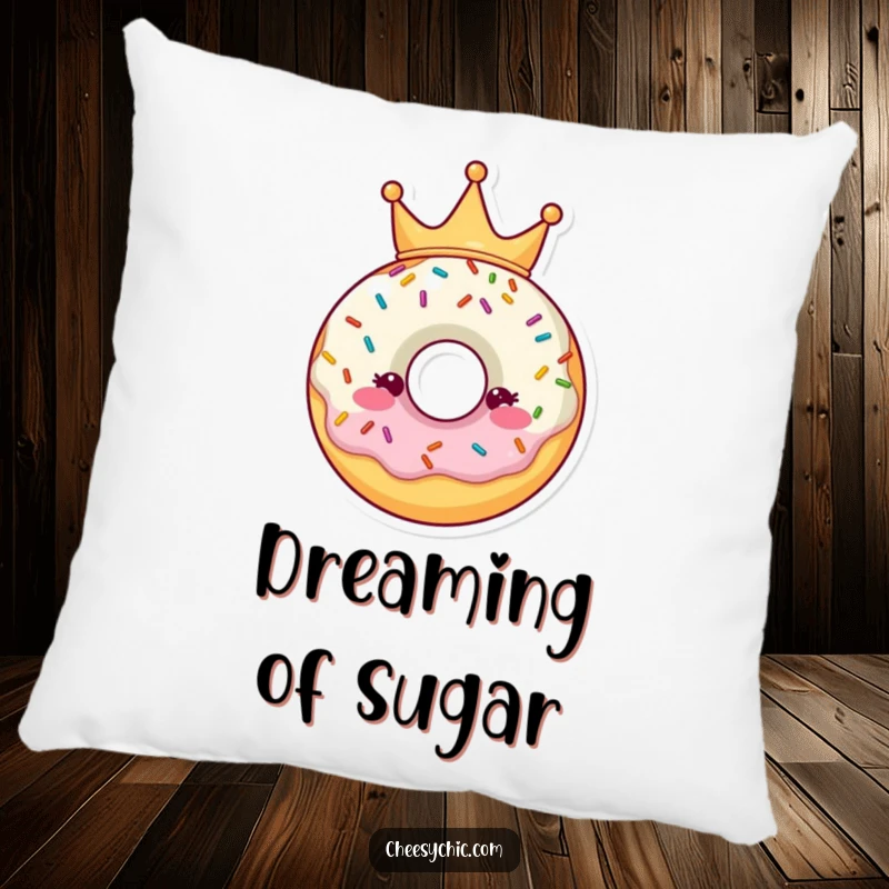Funny Pillow depicting a donut character wearing a sprinkle crown, offering cozy charm and whimsical appeal.