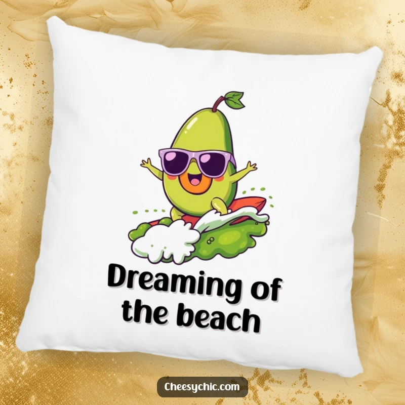 Funny pillow featuring a cheerful avocado wearing sunglasses, riding a guacamole wave, bringing coastal humor to any room.