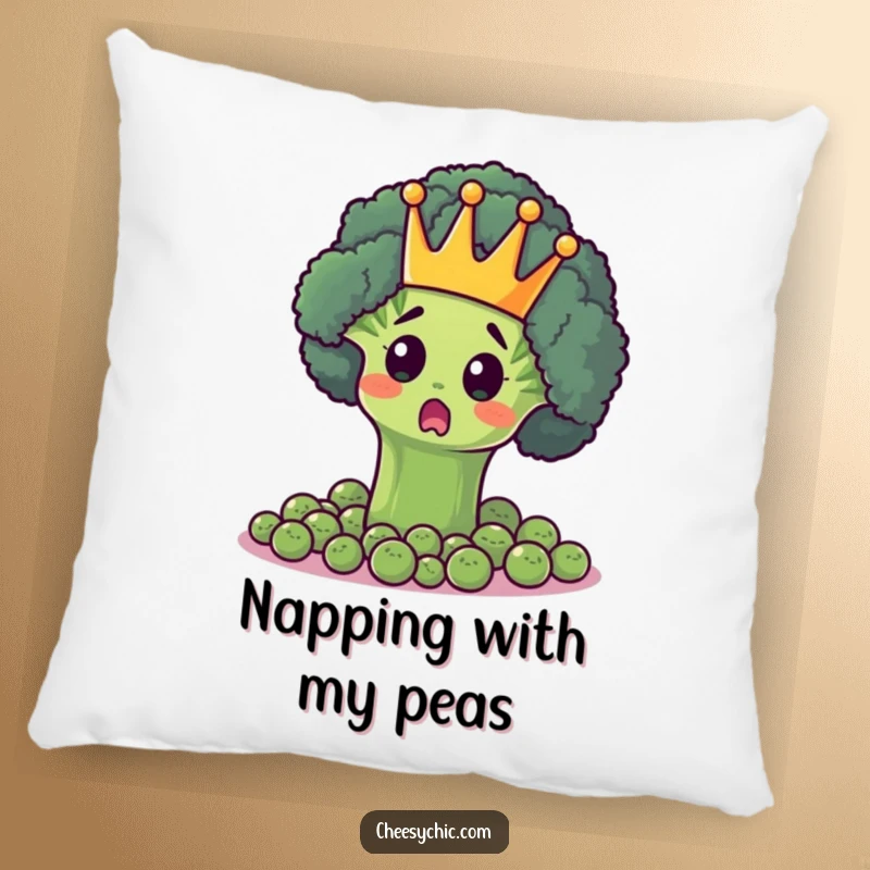 Funny pillow featuring a surprised broccoli floret in a crown, ruling over a kingdom of peas, bringing whimsical decor.