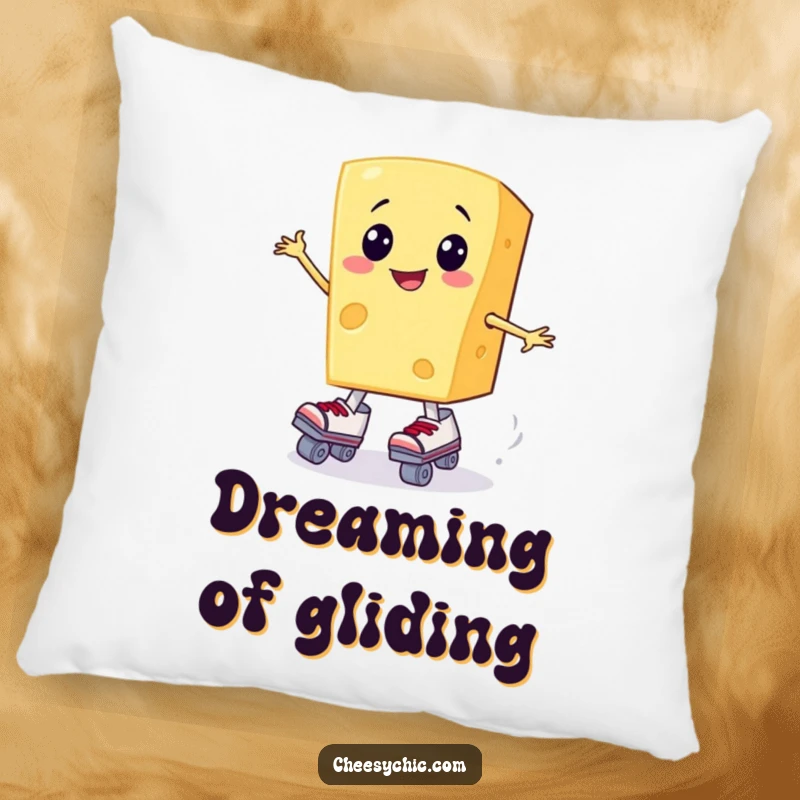 Funny pillow with a smiling cheese slice attempting to wear roller skates, perfect for cozy laughs.