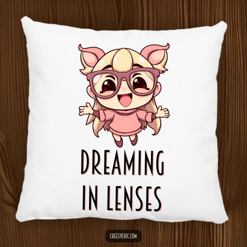 Funny pillow featuring a character wearing oversized, flamboyant glasses, joyfully leaping, adding a touch of whimsy and comfort.