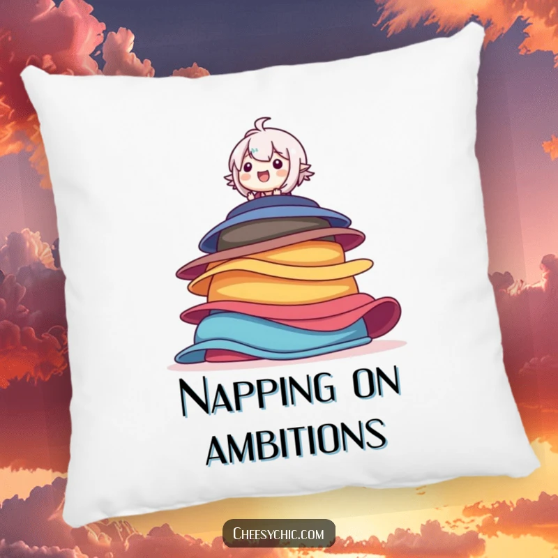 Funny pillow showcasing a character joyfully balancing on a precarious stack of colorful hats, radiating pure delight.