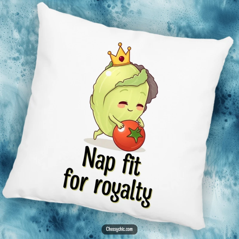 Funny pillow with a detailed illustration of a crowned anthropomorphic lettuce spectacularly tripping over a tomato.