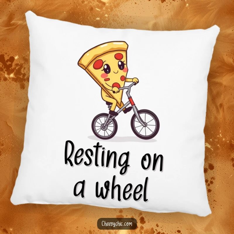 Funny pillow with an adorable anthropomorphic pizza slice attempting to ride a unicycle, soft, huggable, and full of comical charm.