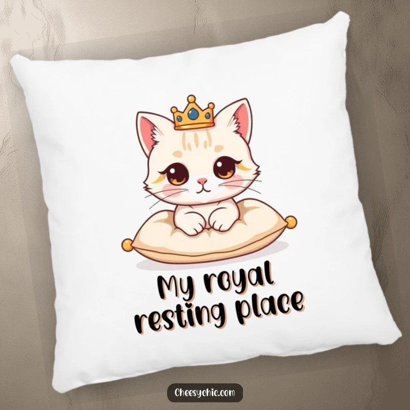 Funny pillow featuring a cute cat character with a small crown, looking majestic and content on a cushion.
