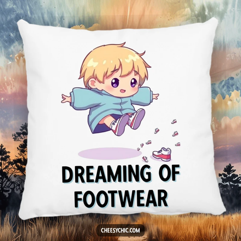 Funny Pillow: Character tripping playfully, surrounded by a cascade of tiny, shiny shoes, a soft and humorous accent.