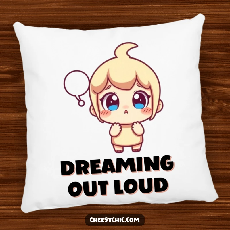 Funny pillow featuring a small stylized character with wide, shocked eyes and a popping speech bubble, offering humorous comfort.