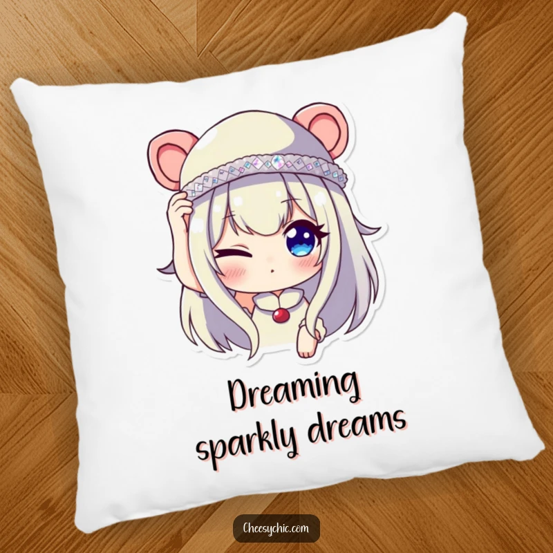 Funny pillow featuring a character winking while adjusting a tiny, sequined hat, offering comfort and a touch of playful glamour.