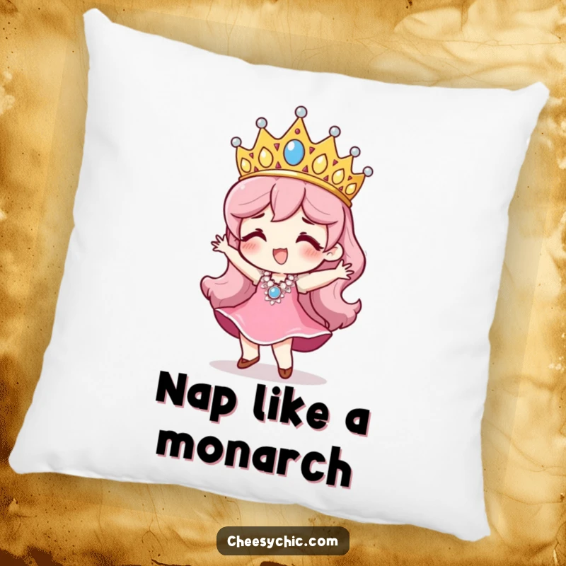 Funny pillow showcasing a character with a large, dazzling sequined tiara, captured in a moment of pure, uninhibited dance.