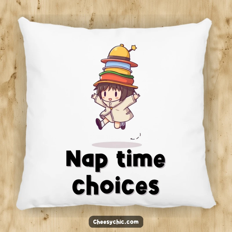 Funny pillow showcasing a character skipping with an unstable stack of colorful hats, adding whimsical humor to any room.
