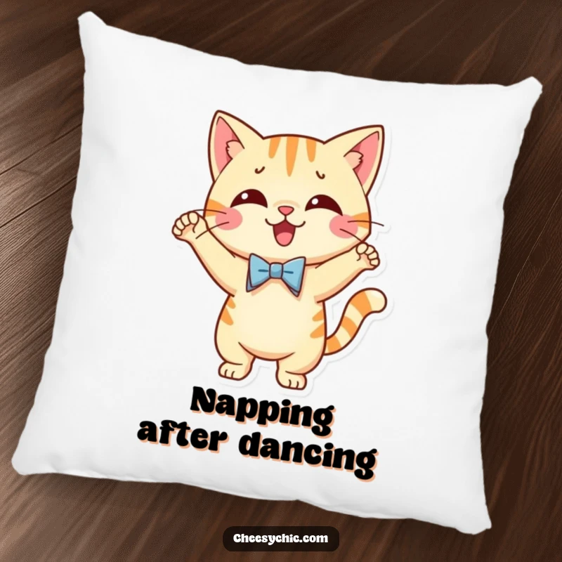 Funny pillow featuring a cute cat character in a tiny bow tie, performing a silly and joyful dance.