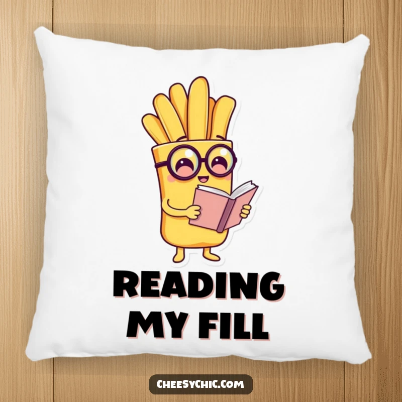Funny pillow design of a charming anthropomorphic french fry wearing a monocle and reading a tiny book, embodying refined taste.