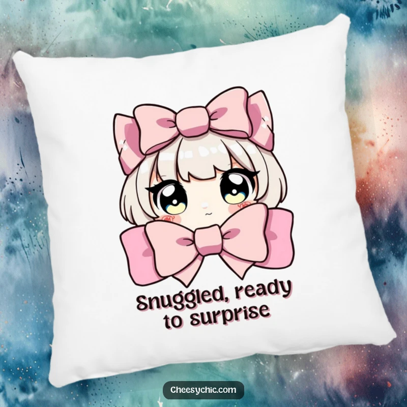 Funny pillow showcasing a character with big, bright eyes peeking from behind a decorative bow, adding cozy intrigue.