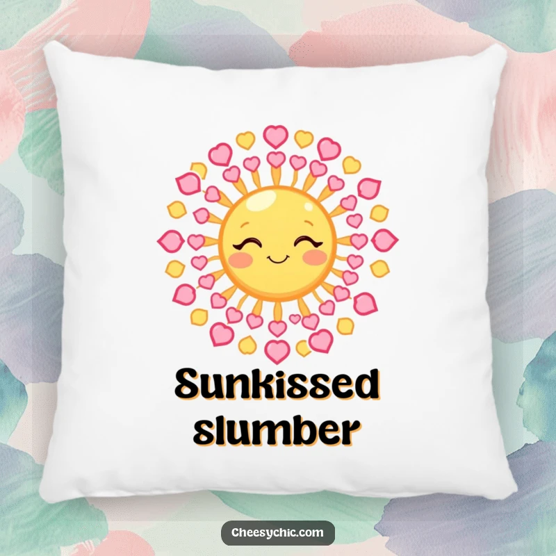Funny Pillow with a winking sun whose rays are tiny hearts, offering comfort and loving joy.