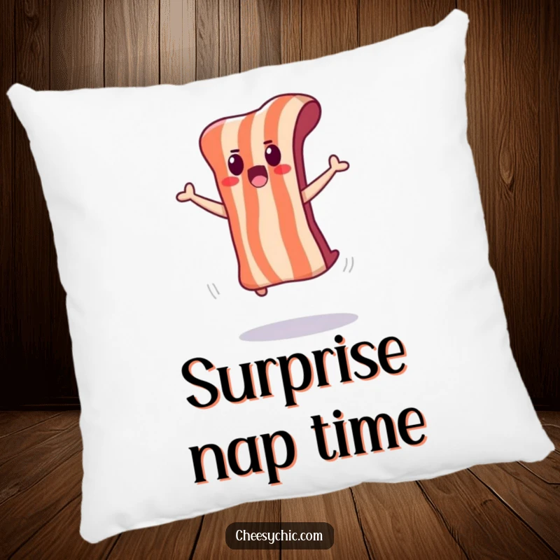 Funny pillow with an adorable bacon strip doing a surprised jump, looking shocked.