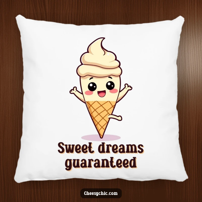 Funny pillow featuring a smiling ice cream cone joyfully performing a cartwheel, stick pointing upwards, bringing sweet, playful vibes.