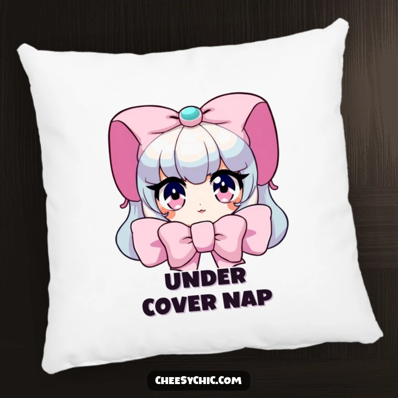 Funny Pillow: Character peeking from behind a giant bow, with wide, sparkling eyes, soft and cute decor.