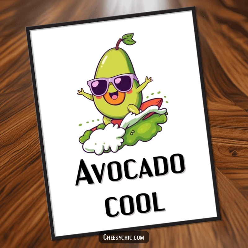 Funny digital art print of a cheerful avocado with sunglasses surfing a vibrant guacamole wave, capturing pure summer fun.