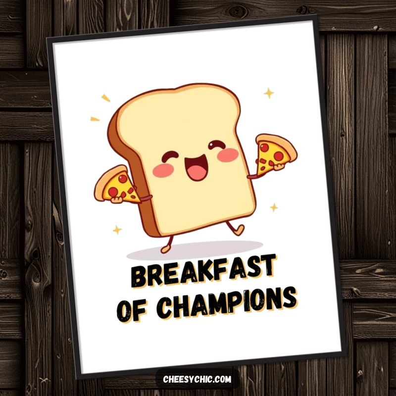 Funny digital art of a happy toast aggressively juggling three miniature pizzas, instant download for a comical and vibrant wall display.