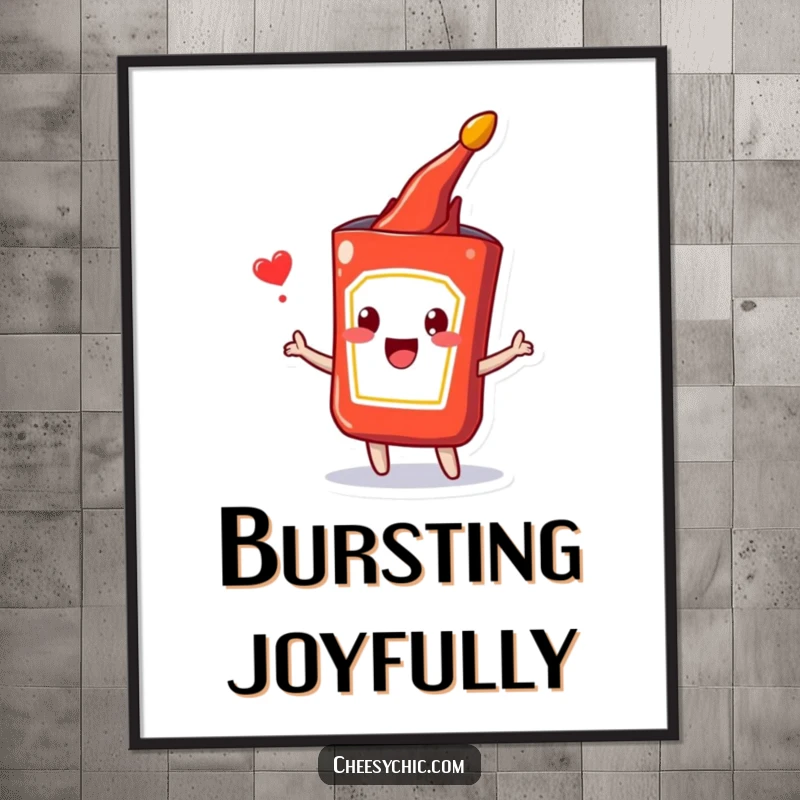 Funny digital art print of a happy anthropomorphic ketchup packet bursting with pure joy, offering instant humorous decor.