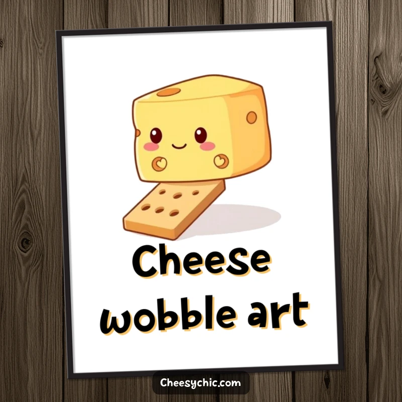 Funny digital art print of a wobbly block of cheese attempting to balance on a tiny cracker, creating a humorous scene.
