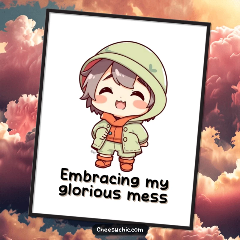 Funny digital art print of a small stylized character in a spectacularly mismatched outfit, looking utterly delighted and radiating quirky joy.