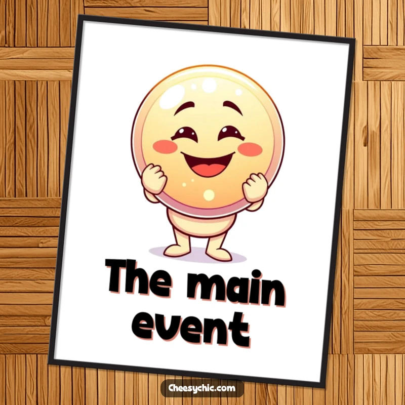 Funny digital art of a character with a goofy grin holding a giant, sparkling button, perfect for humorous and celebratory decor.