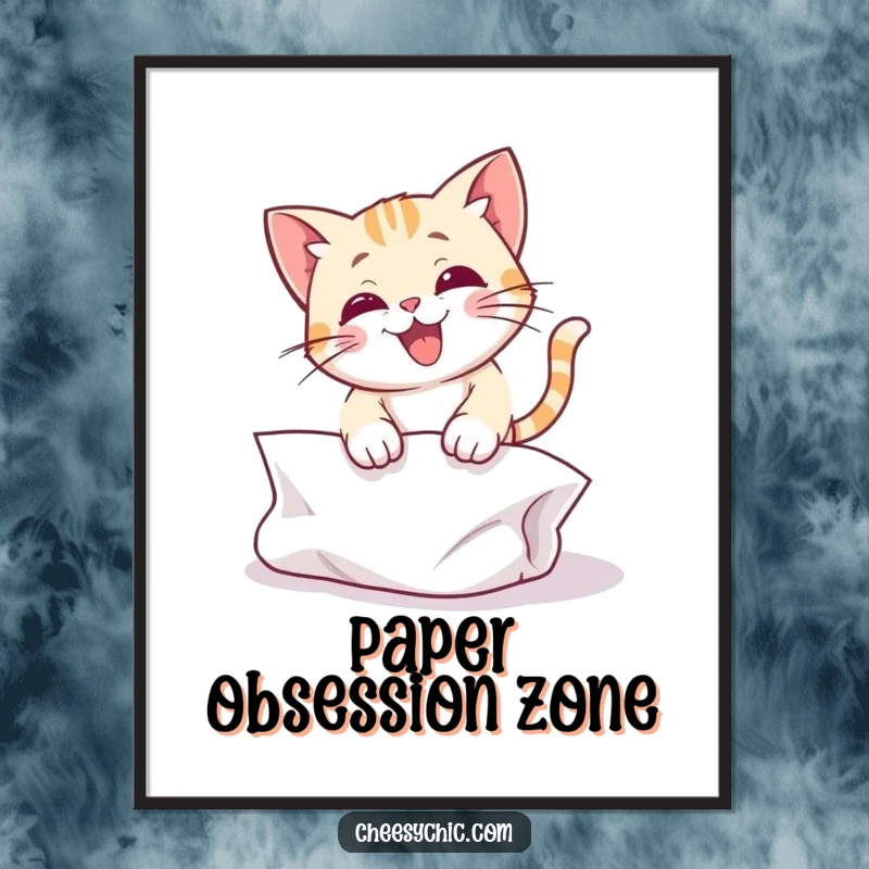 Funny digital art print of a cute cat character in a dynamic, joyful pounce on a crumpled paper ball.