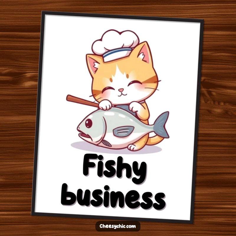 Funny digital art print of a cute cat wearing a chef hat, batting at a rolling fish, culinary and humorous decor.