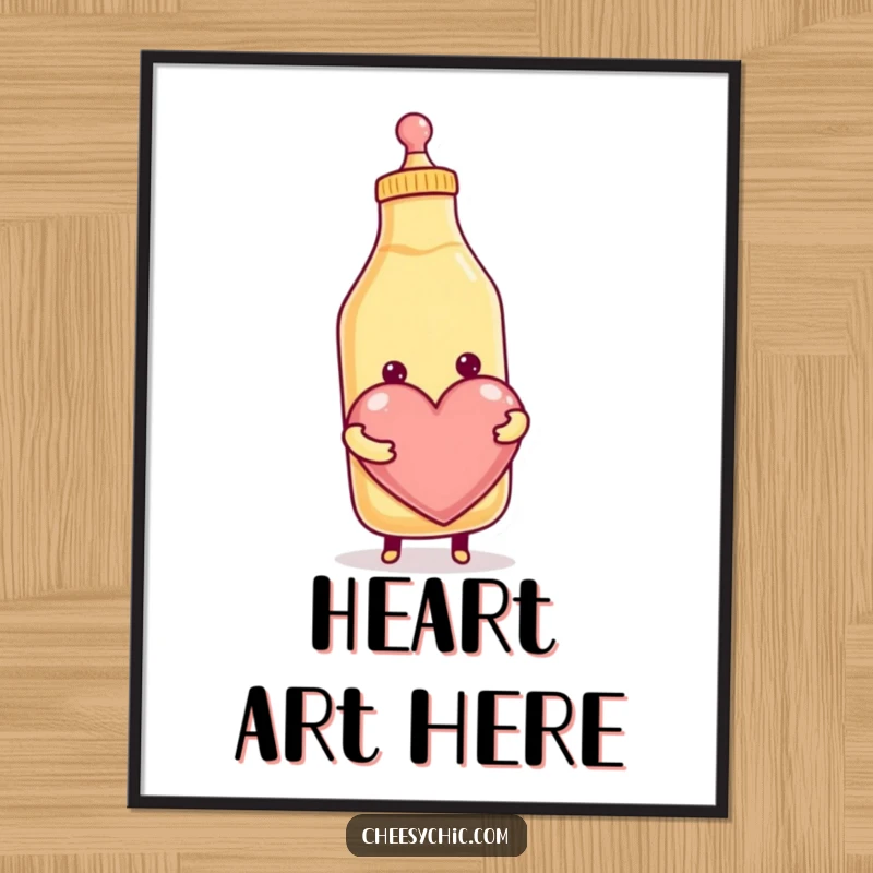 Funny digital art print of a smiling anthropomorphic condiment bottle joyfully squeezing a large, vibrant heart, offering instant humorous decor.