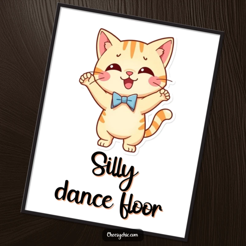 Funny digital art print of a cute cat character wearing a bow tie, performing a silly and joyful dance.