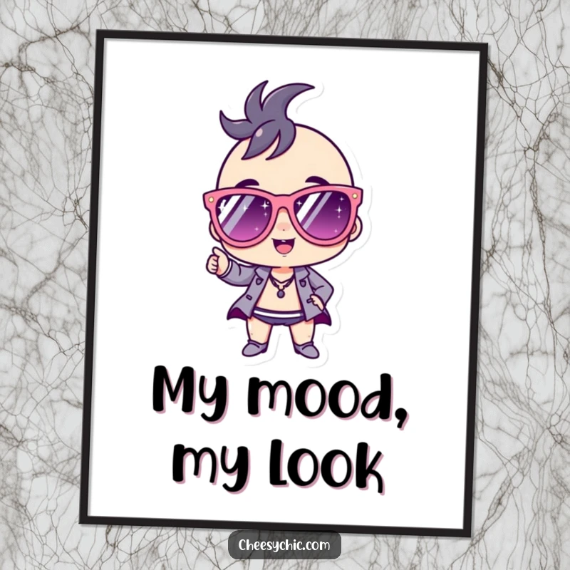 Funny Digital Art Print of a small stylized character wearing enormous sparkly sunglasses, striking a powerful and confident pose.