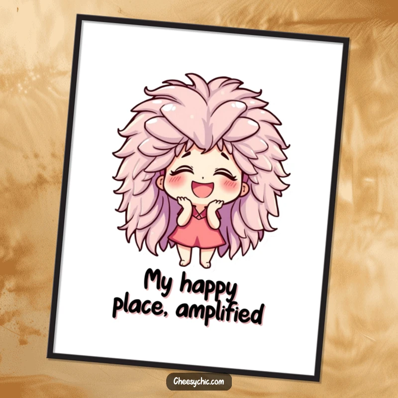Funny digital art print of a small stylized character giggling uncontrollably while wearing a giant, fluffy wig, radiating pure comedic delight.