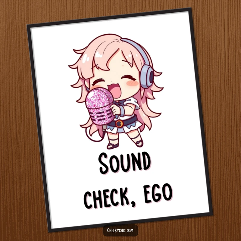 Funny Digital Art: Character singing loudly with a huge glitter microphone, humorous and vibrant printable decor.