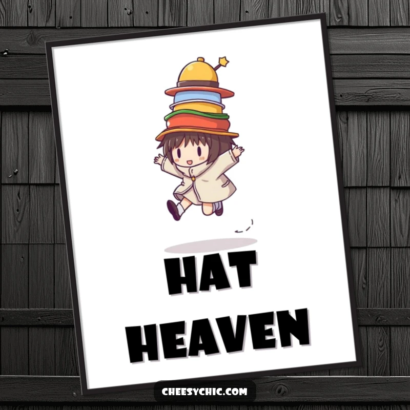 Funny digital art of a character skipping with a precarious pile of colorful hats, perfect for whimsical and humorous decor.