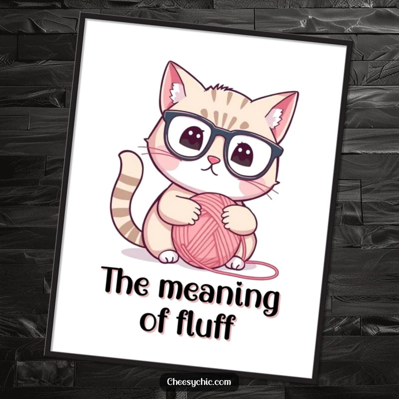 Funny digital art print of a cute cat with reading glasses, thoughtfully examining a yarn ball, intellectual and humorous decor.