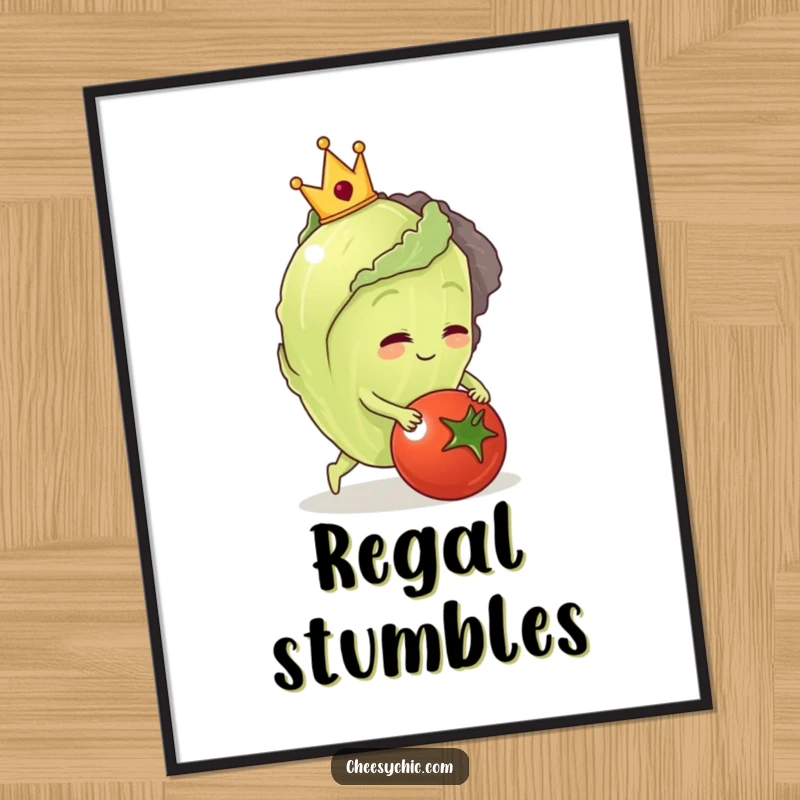 Funny digital art print of a lettuce wearing a crown, tripping dramatically over a tomato.