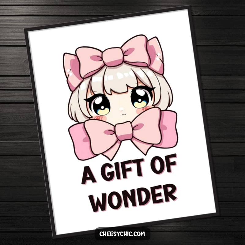 Funny digital art of a character with wide, sparkling eyes peeking from behind a large, decorative bow, full of wonder.
