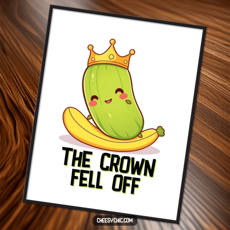 Funny digital art of a cartoon pickle in a crown hilariously slipping on a banana peel, instant download for comical decor.
