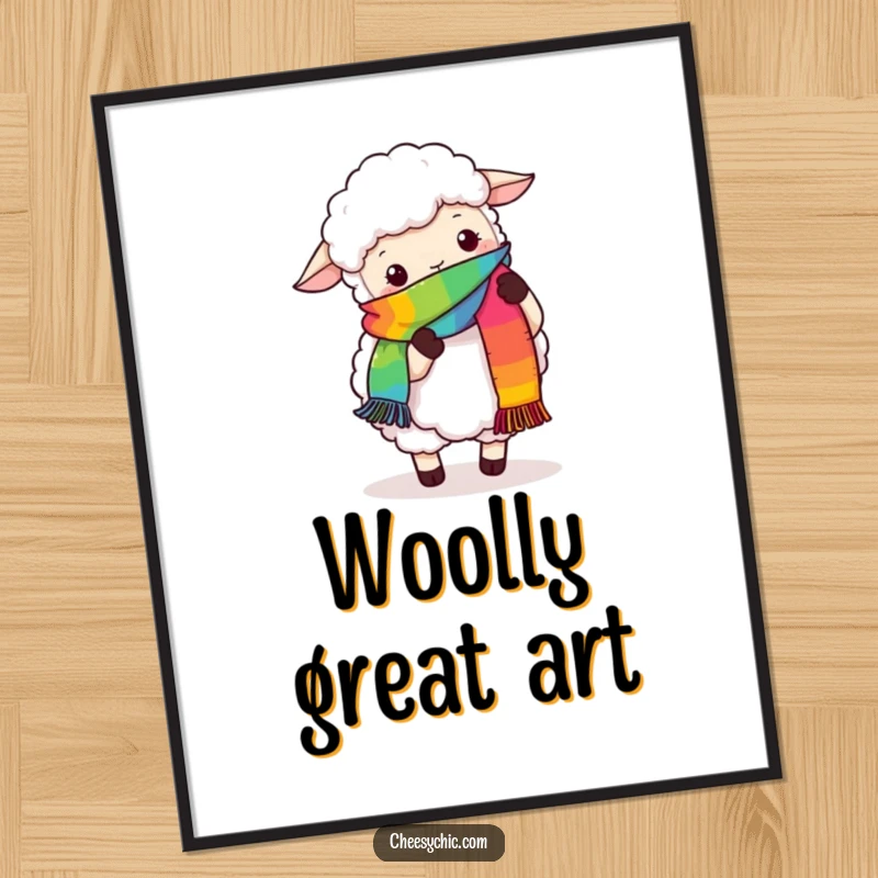 Funny digital art print showing a fluffy sheep hilariously attempting to knit a rainbow scarf with its hooves, full of creative spirit.
