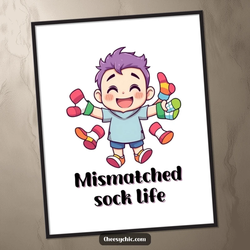 Funny digital art print of a character with a wide grin, skillfully juggling multiple brightly colored, mismatched socks, celebrating humor.