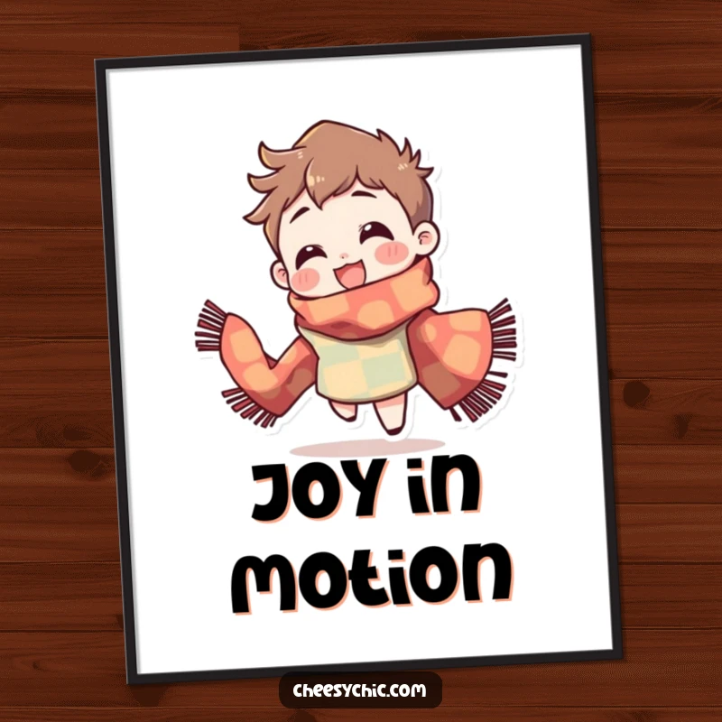 Funny Digital Art: Character wearing a brightly patterned scarf, spinning with delight, vibrant printable decor.