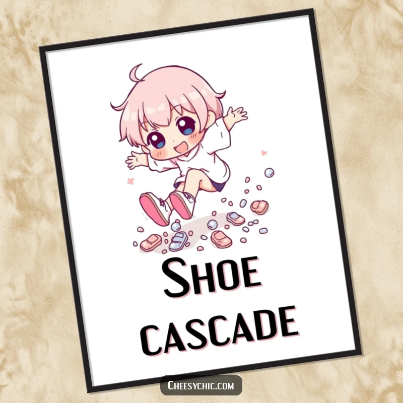 Funny character playfully tripping, with a cascade of tiny, shiny shoes, available as an instant digital art download.