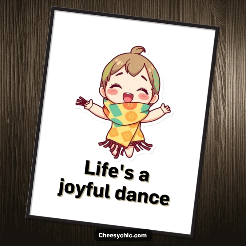 Funny digital art of a character spinning ecstatically in a brightly patterned scarf, capturing movement and uninhibited joy.