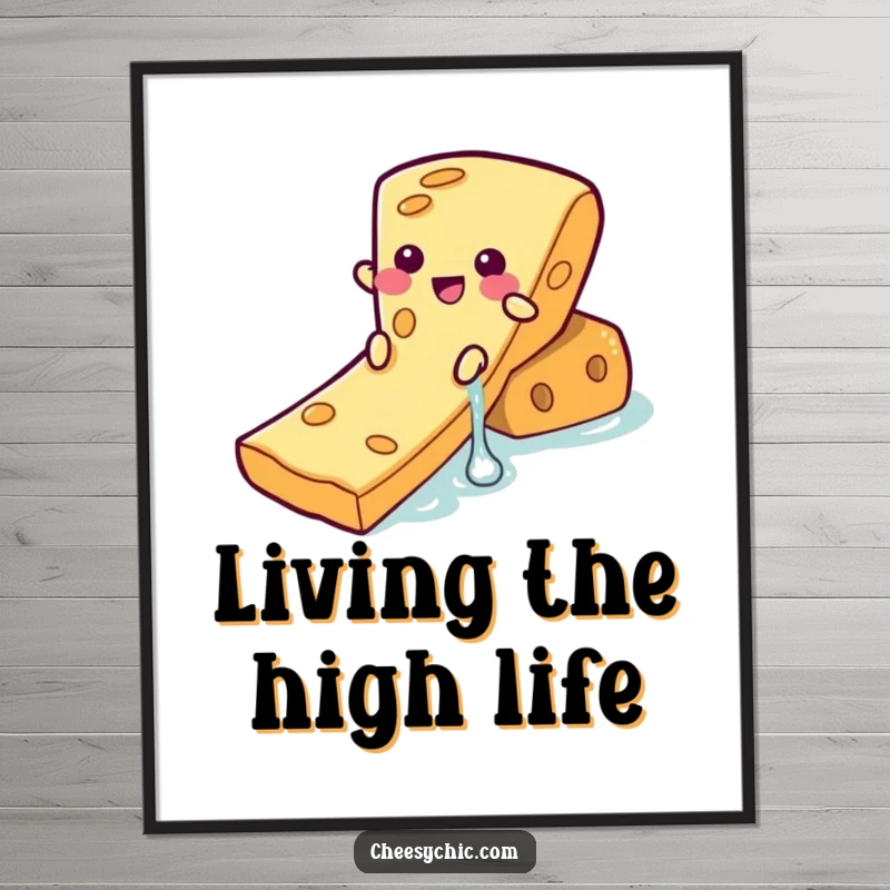 Funny Digital Art Print of a cheese slice character joyfully sliding down a cracker, a hilarious and downloadable piece.