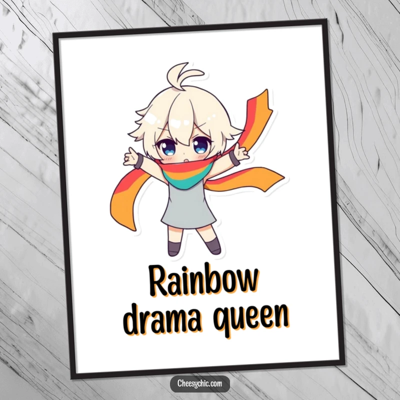 Funny digital art print of a character striking a dramatic pose, a rainbow scarf flowing, creating a theatrical and stylish image.