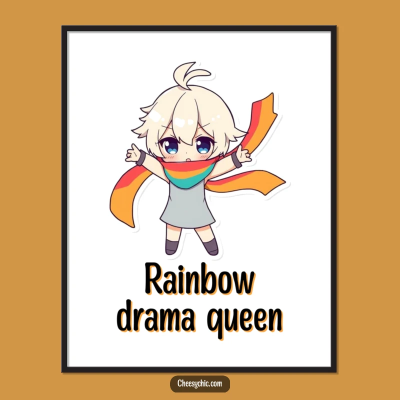 Funny Dramatic Character Art Print - Rainbow Scarf Decor for Bold Spaces