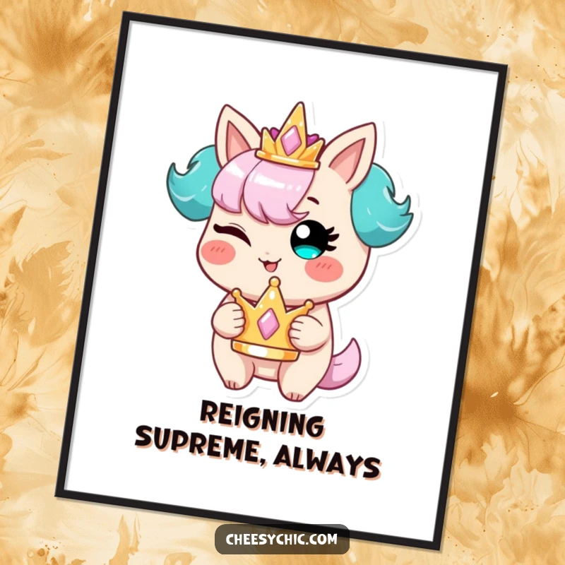 Funny digital art print of a stylized character winking with a mischievous grin, holding a tiny, shimmering crown, exuding playful royalty.