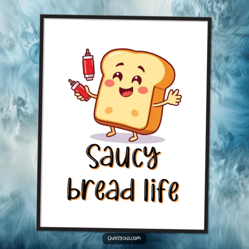 Funny digital art print of a happy anthropomorphic bread slice enthusiastically juggling ketchup bottles.